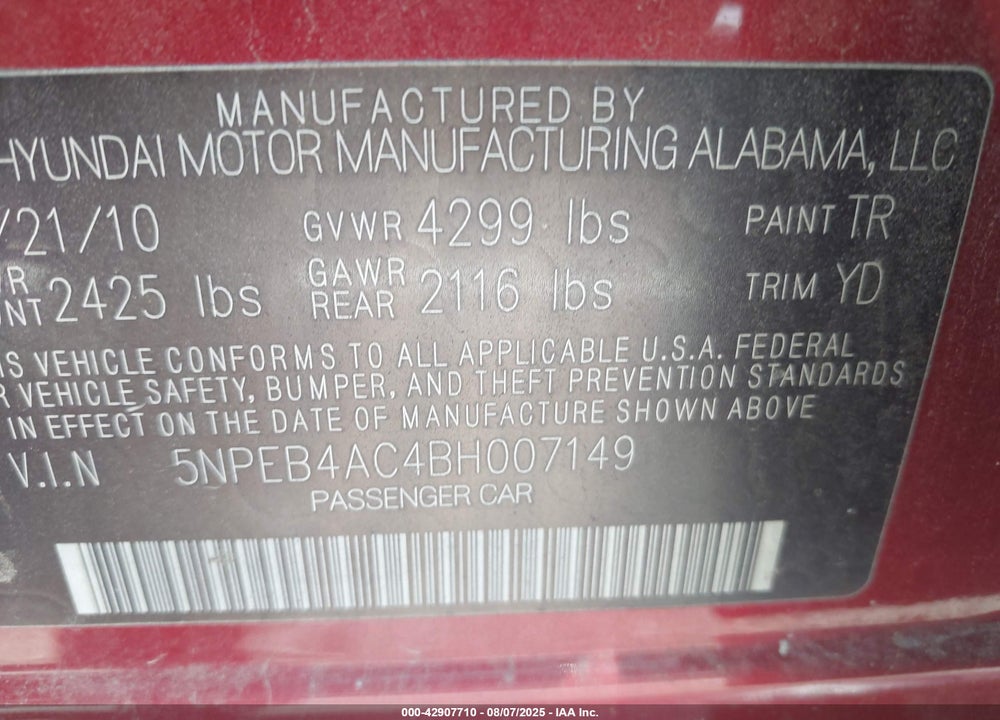 2011 HYUNDAI SONATA VIN: 5NPEB4AC4BH007149
