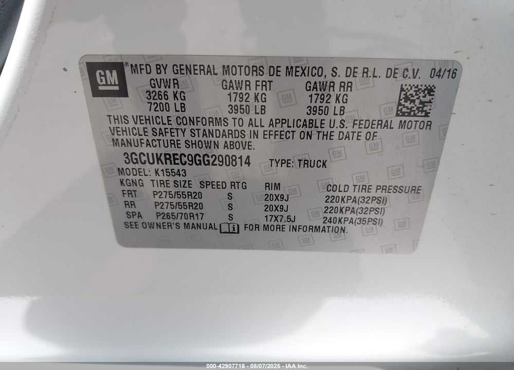 2016 CHEVROLET SILVERADO 1500 VIN: 3GCUKREC9GG290814
