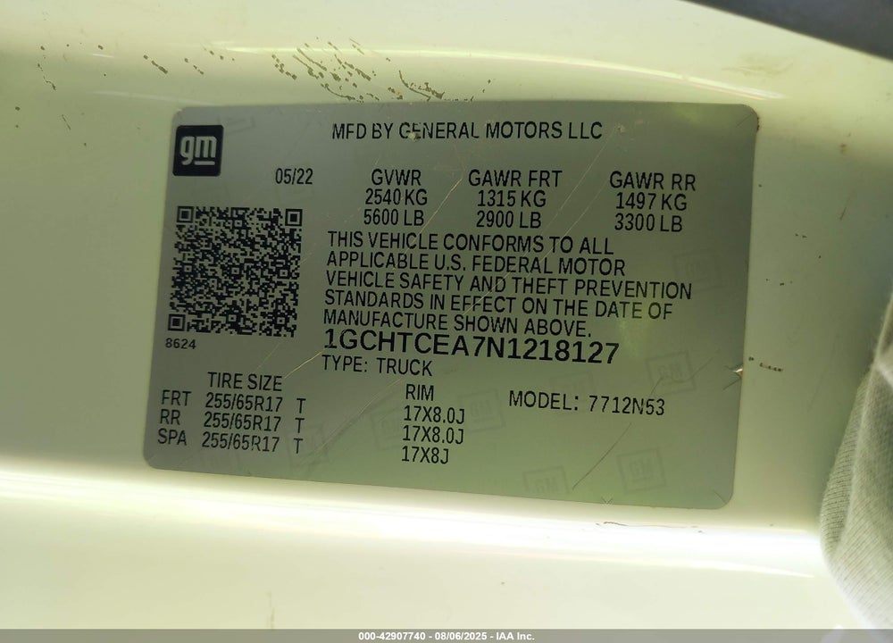 2022 CHEVROLET COLORADO VIN: 1GCHTCEA7N1218127