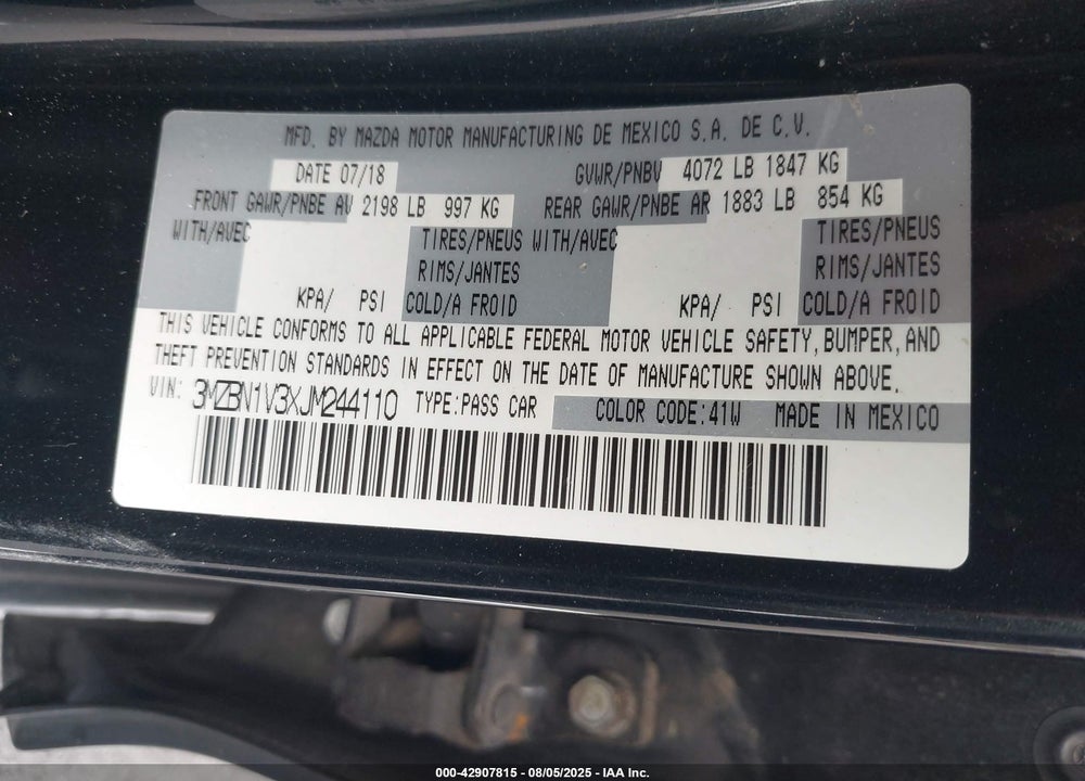 2018 MAZDA 3 VIN: 3MZBN1V3XJM244110