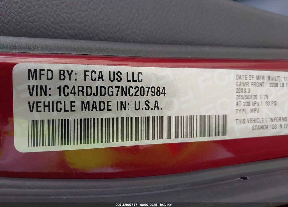 2022 DODGE DURANGO VIN: 1C4RDJDG7NC207984