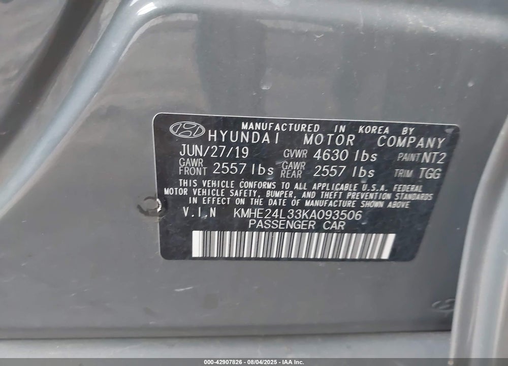 2019 HYUNDAI SONATA HYBRID VIN: KMHE24L33KA093506