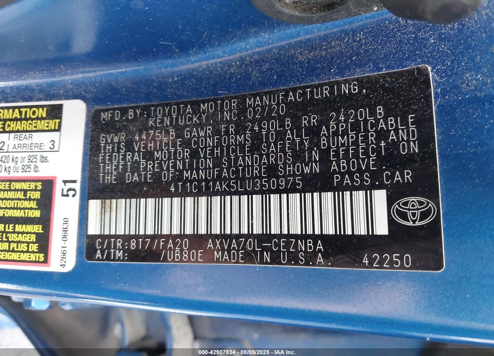 2020 TOYOTA CAMRY VIN: 4T1C11AK5LU350975