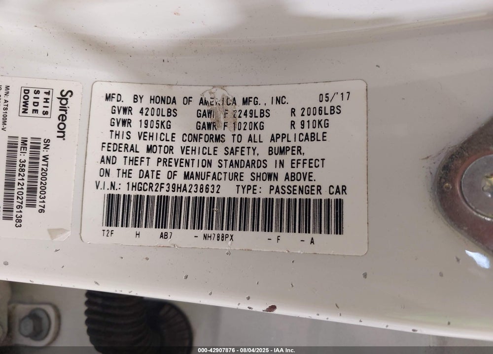 2017 HONDA ACCORD LX VIN: 1HGCR2F39HA238632