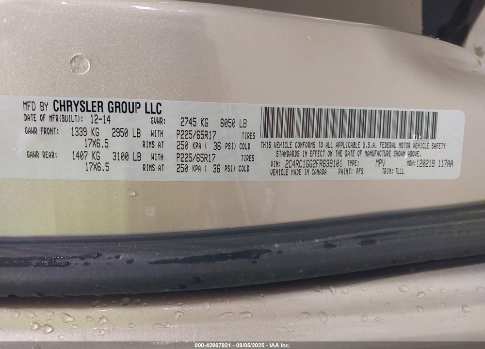 2015 CHRYSLER TOWN & COUNTRY LIMITED PLATINUM VIN: 2C4RC1GG2FR639101
