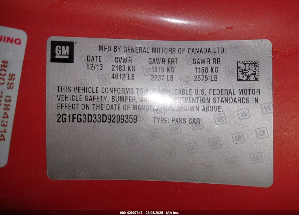 2013 CHEVROLET CAMARO VIN: 2G1FG3D33D9209359