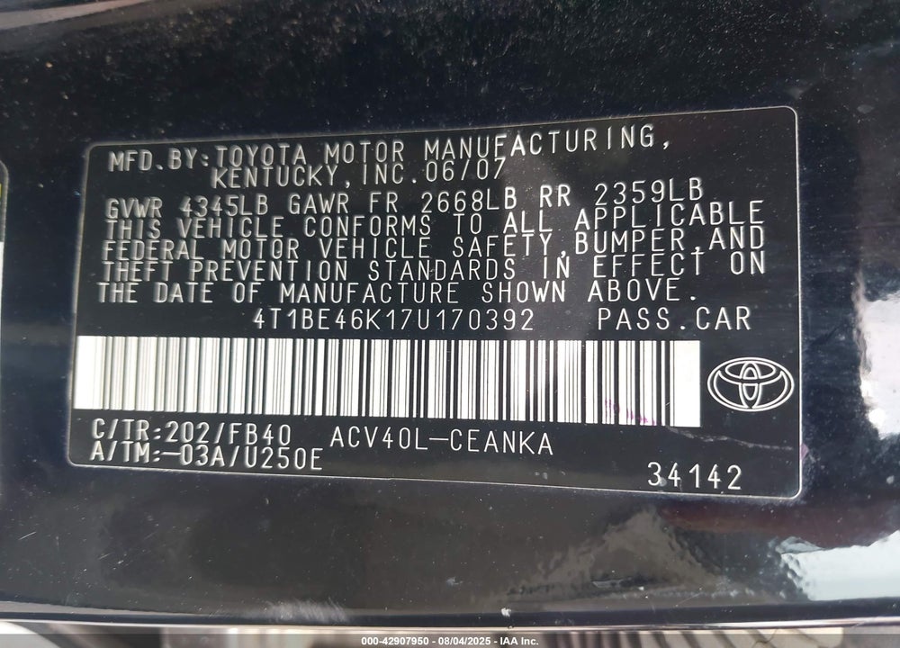 2007 TOYOTA CAMRY VIN: 4T1BE46K17U170392