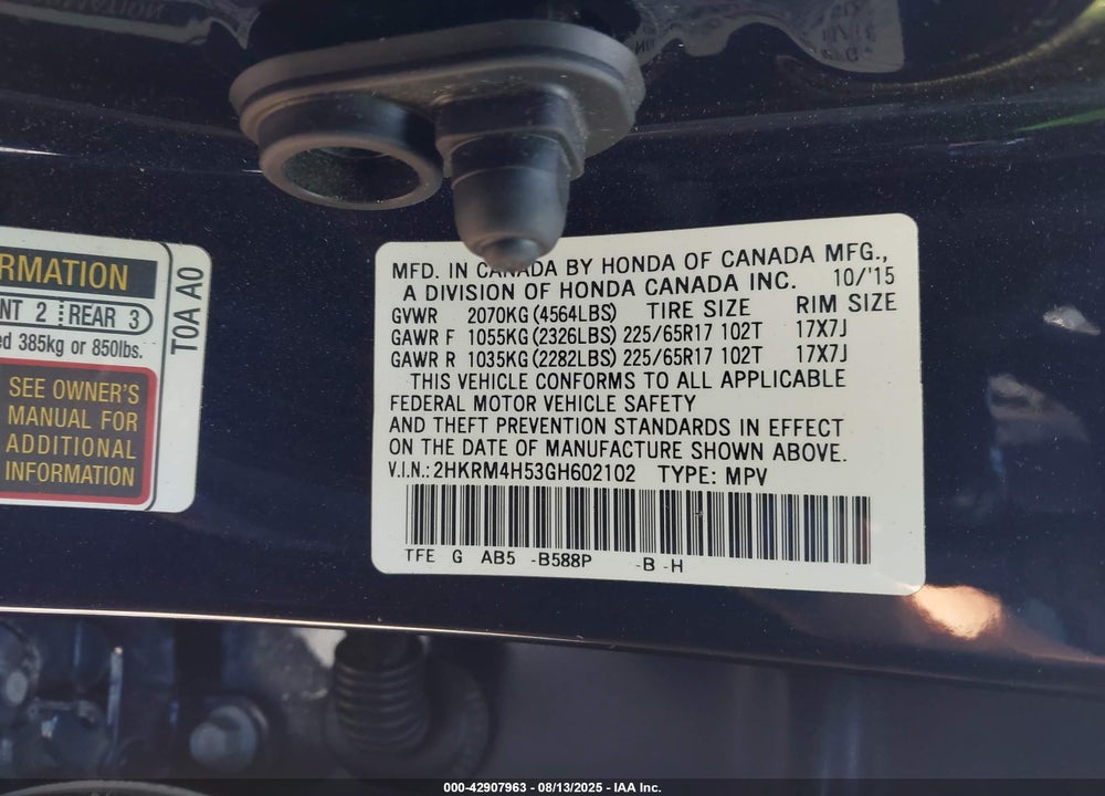2016 HONDA CR-V VIN: 2HKRM4H53GH602102