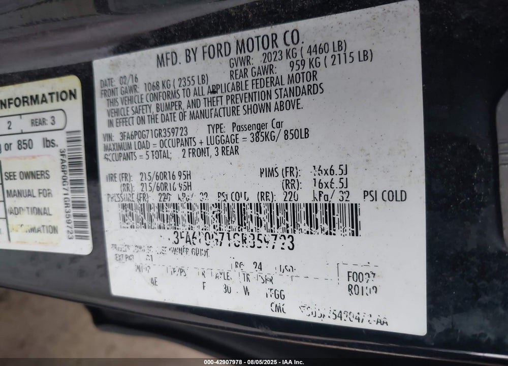 2016 FORD FUSION S VIN: 3FA6P0G71GR359723