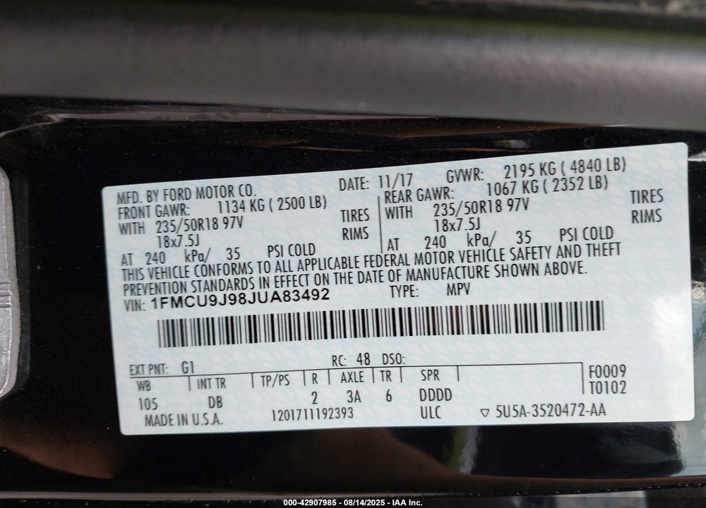 2018 FORD ESCAPE VIN: 1FMCU9J98JUA83492