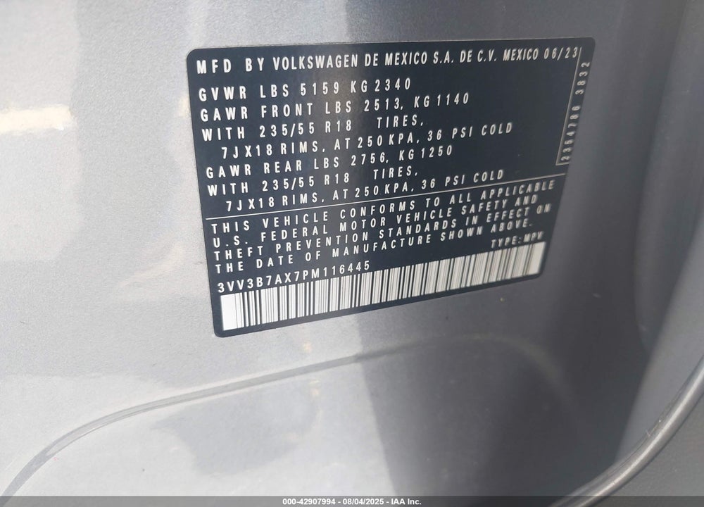 2023 VOLKSWAGEN TIGUAN VIN: 3VV3B7AX7PM116445