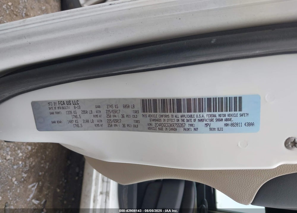 2019 DODGE GRAND CARAVAN SXT VIN: 2C4RDGCG3KR755357