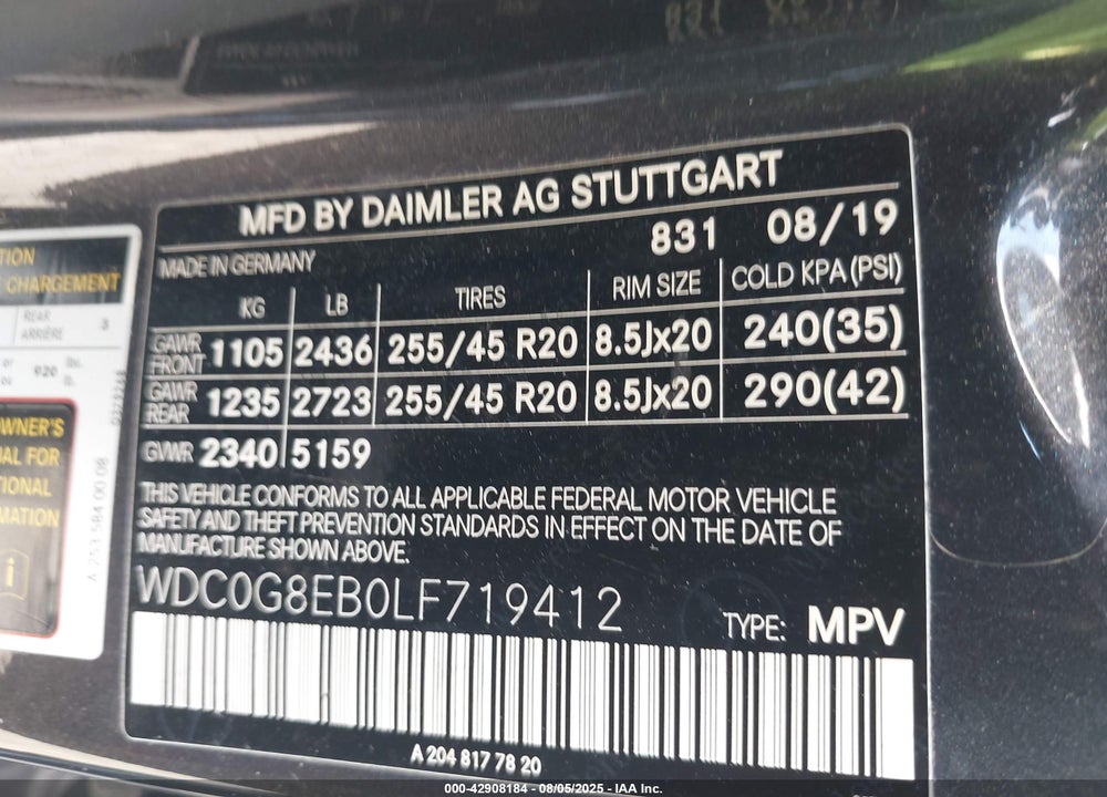 2020 MERCEDES-BENZ GLC CLASS VIN: WDC0G8EB0LF719412