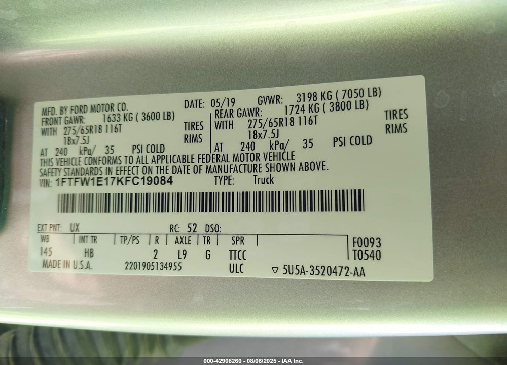 2019 FORD F-150 VIN: 1FTFW1E17KFC19084