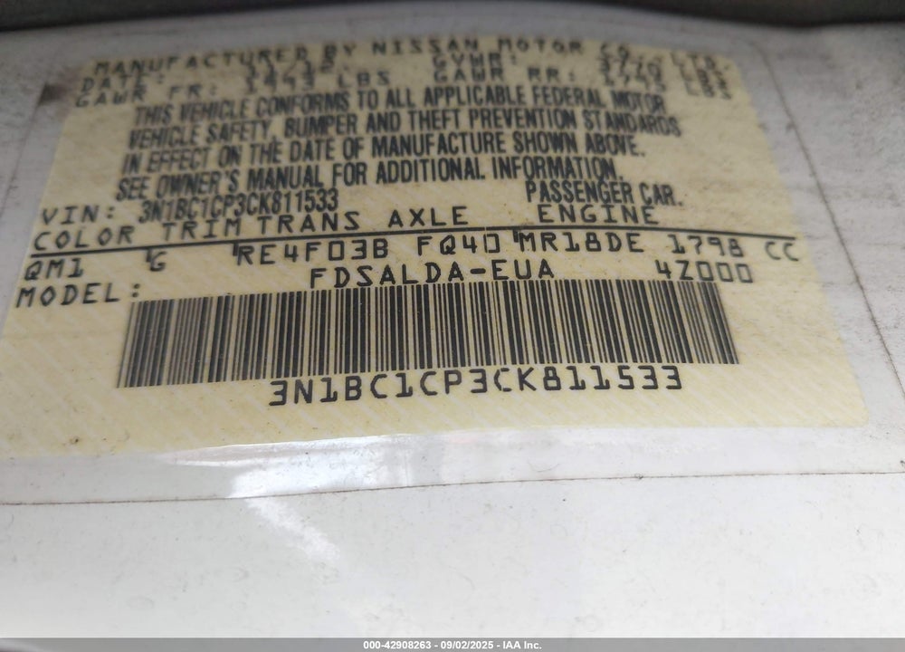 2012 NISSAN VERSA 1.8 S VIN: 3N1BC1CP3CK811533