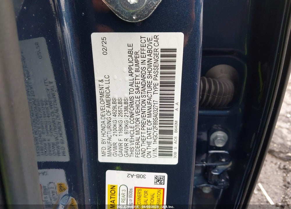 2025 HONDA ACCORD VIN: 1HGCY2F89SA032717