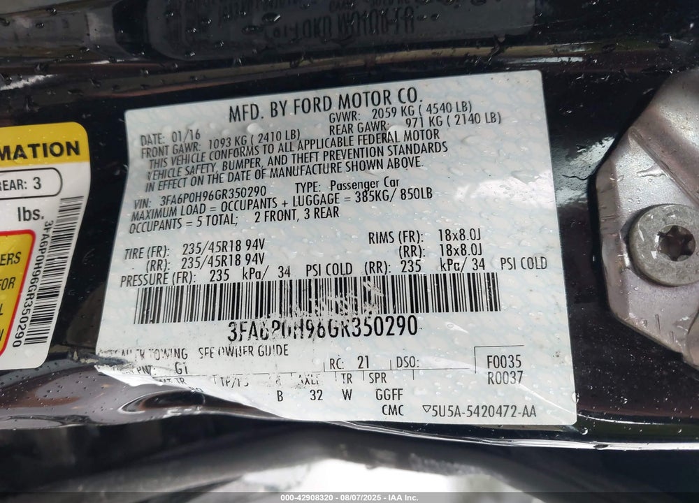 2016 FORD FUSION VIN: 3FA6P0H96GR350290