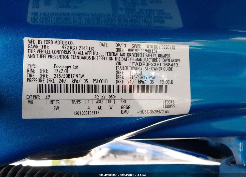 2014 FORD FOCUS VIN: 1FADP3F23EL168413