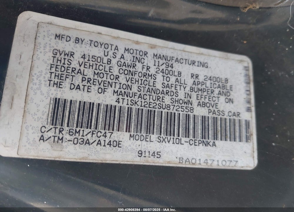 1995 TOYOTA CAMRY LE VIN: 4T1SK12E2SU872558