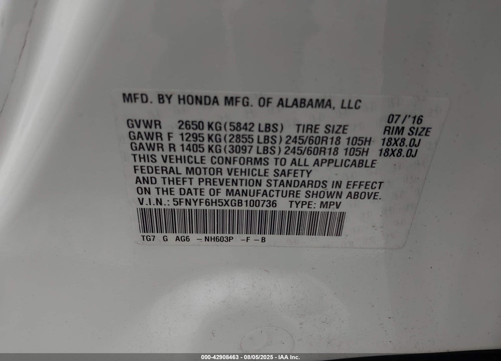 2016 HONDA PILOT EX-L VIN: 5FNYF6H5XGB100736