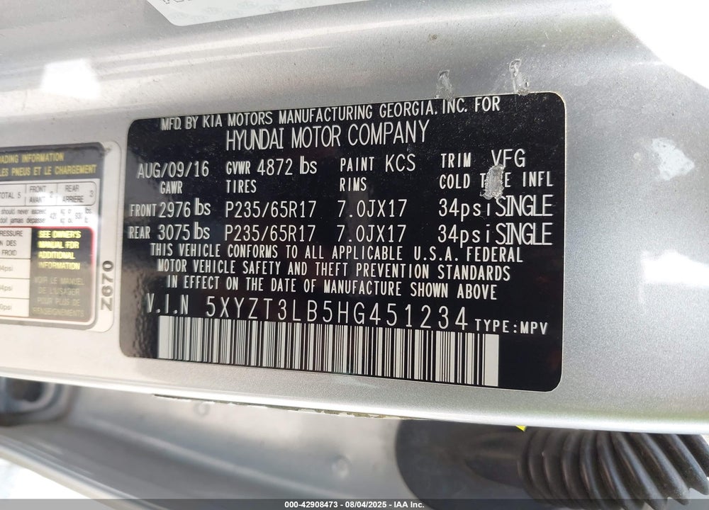 2017 HYUNDAI SANTA FE VIN: 5XYZT3LB5HG451234