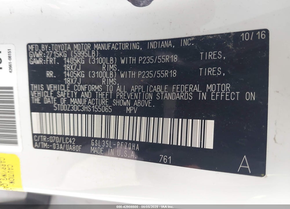 2017 TOYOTA SIENNA XLE 7 PASSENGER VIN: 5TDDZ3DC3HS155065