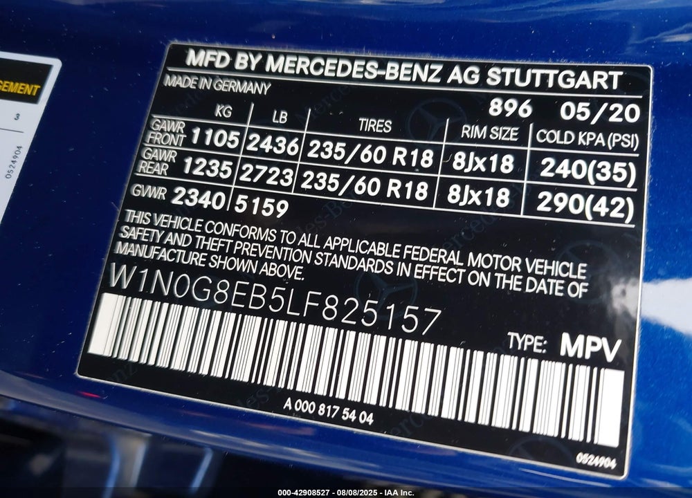 2020 MERCEDES-BENZ GLC CLASS VIN: W1N0G8EB5LF825157