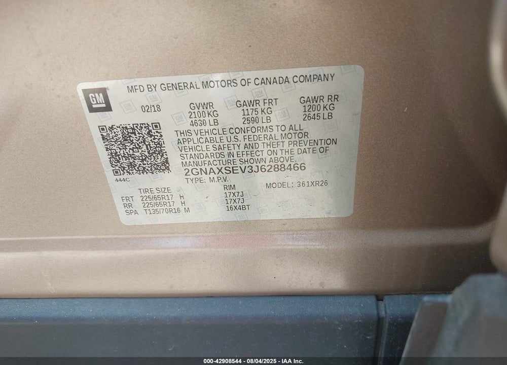 2018 CHEVROLET EQUINOX LT VIN: 2GNAXSEV3J6288466