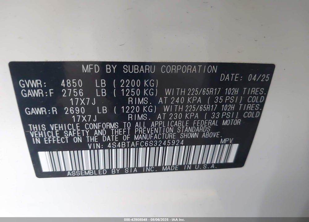 2025 SUBARU OUTBACK VIN: 4S4BTAFC6S3245924