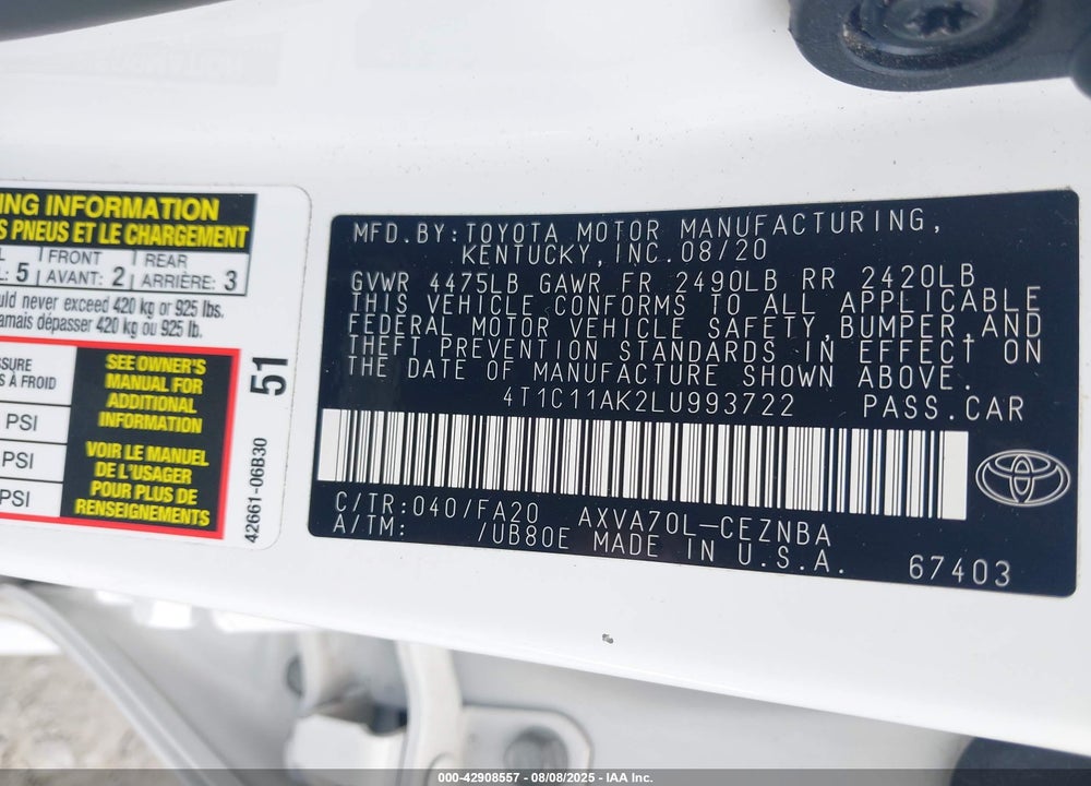 2020 TOYOTA CAMRY VIN: 4T1C11AK2LU993722