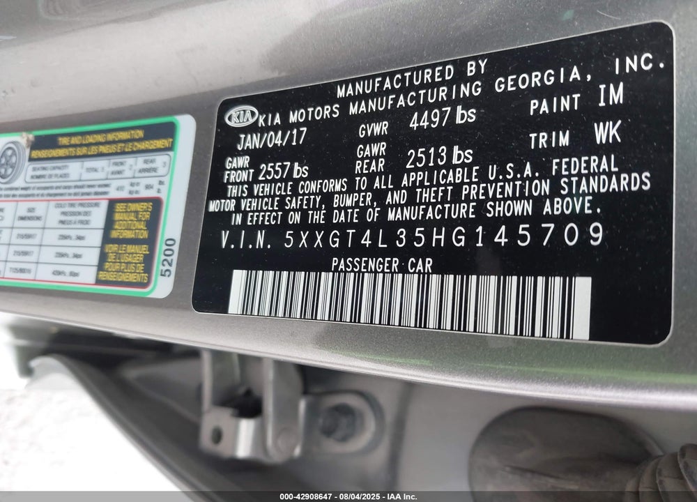 2017 KIA OPTIMA VIN: 5XXGT4L35HG145709