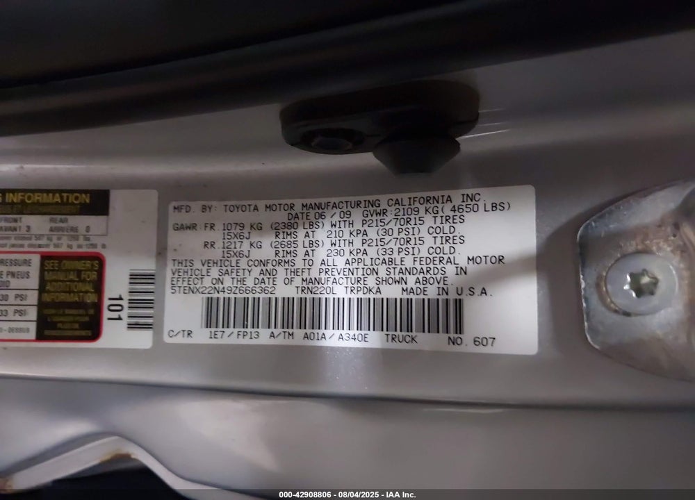 2009 TOYOTA TACOMA VIN: 5TENX22N49Z666362