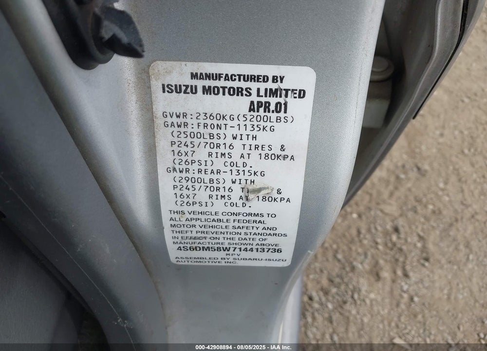 2001 HONDA PASSPORT EX/LX VIN: 4S6DM58W714413736
