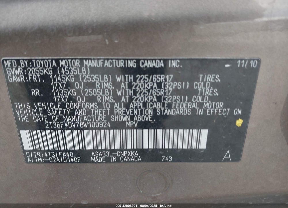 2011 TOYOTA RAV4 VIN: 2T3BF4DV7BW100924