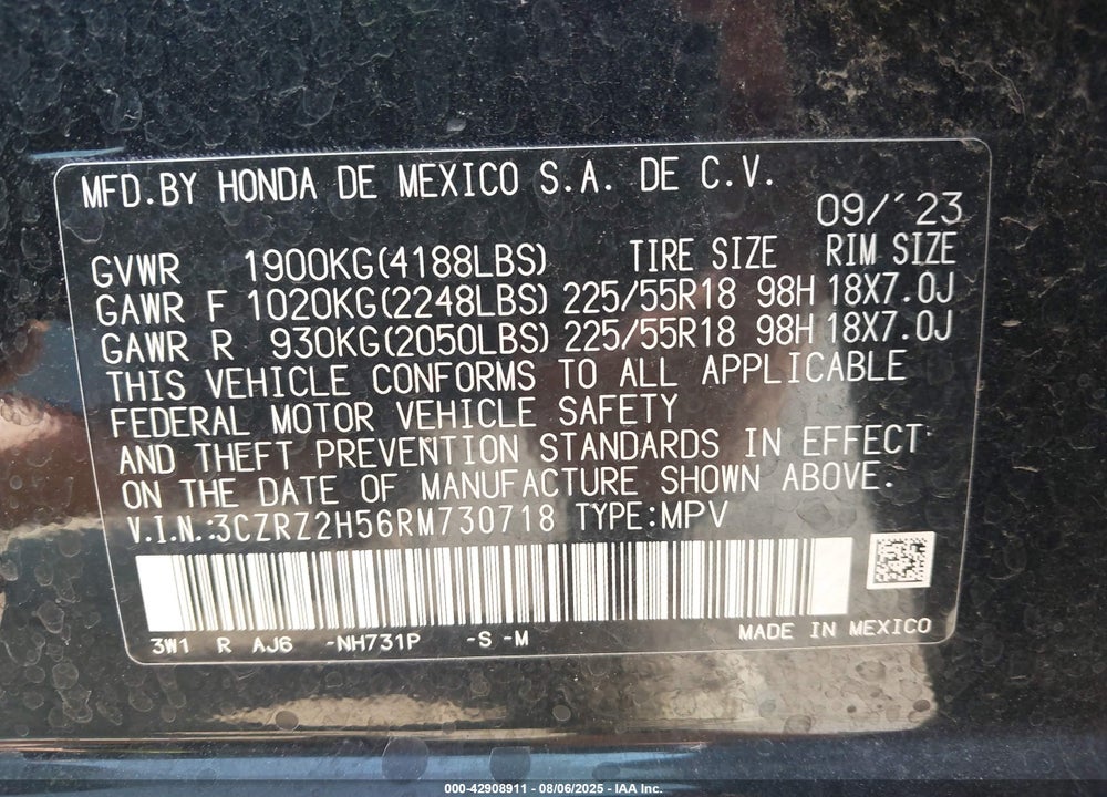 2024 HONDA HR-V VIN: 3CZRZ2H56RM730718
