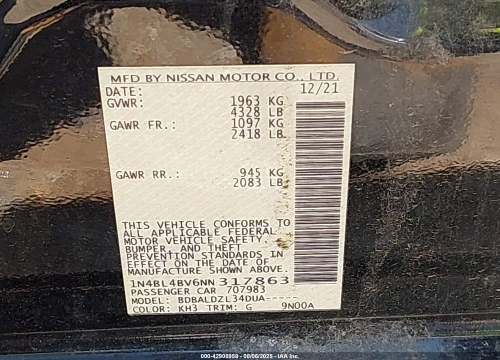 2022 NISSAN ALTIMA VIN: 1N4BL4BV6NN317863