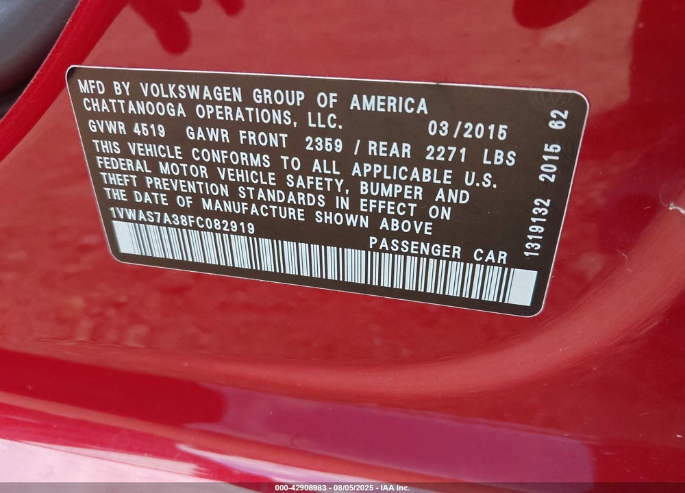 2015 VOLKSWAGEN PASSAT VIN: 1VWAS7A38FC082919