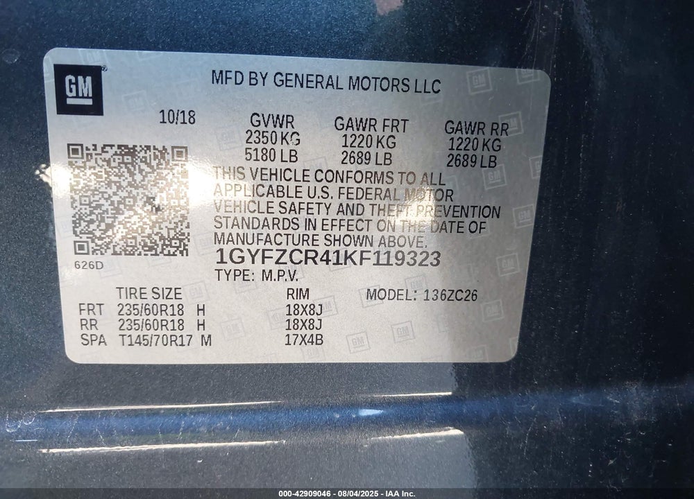 2019 CADILLAC XT4 VIN: 1GYFZCR41KF119323