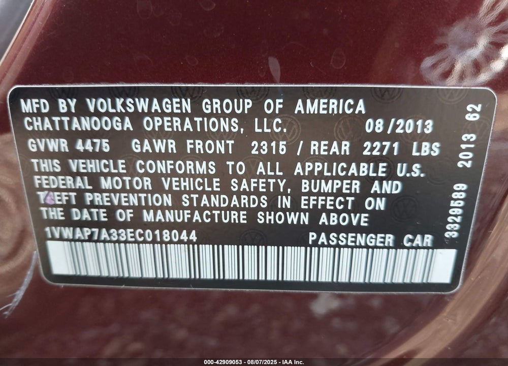 2014 VOLKSWAGEN PASSAT VIN: 1VWAP7A33EC018044
