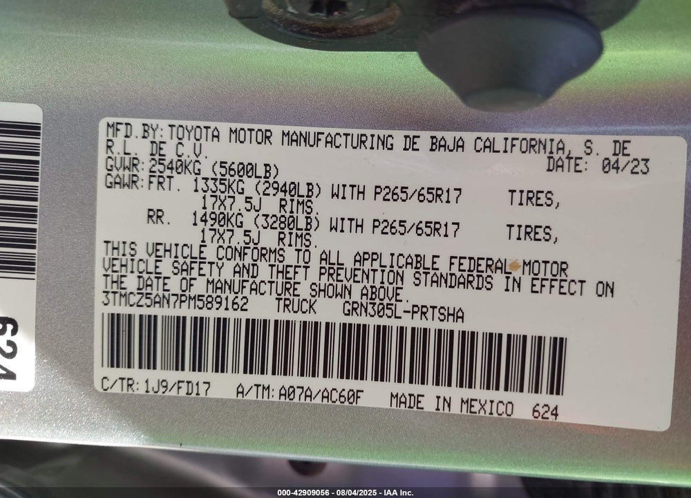 2023 TOYOTA TACOMA VIN: 3TMCZ5AN7PM589162