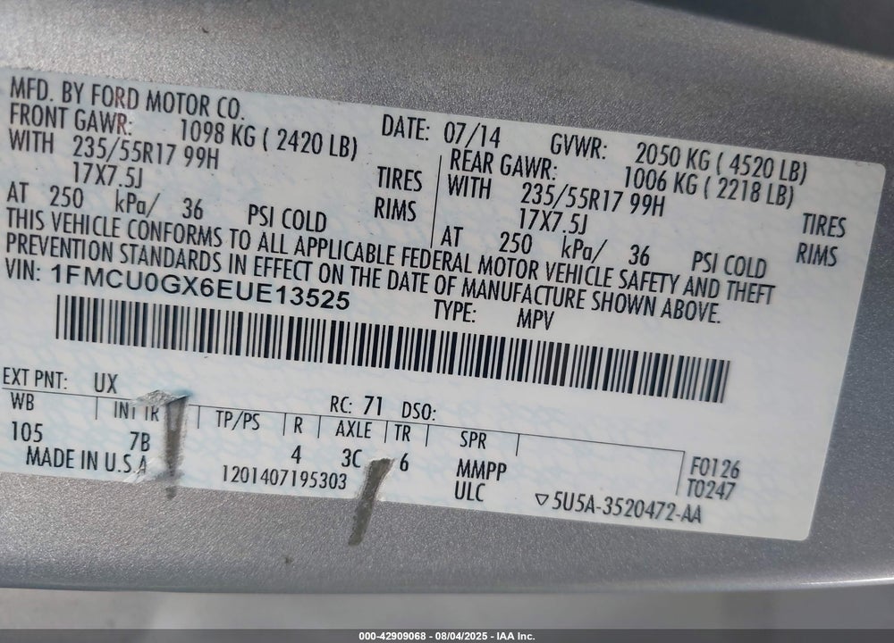 2014 FORD ESCAPE VIN: 1FMCU0GX6EUE13525