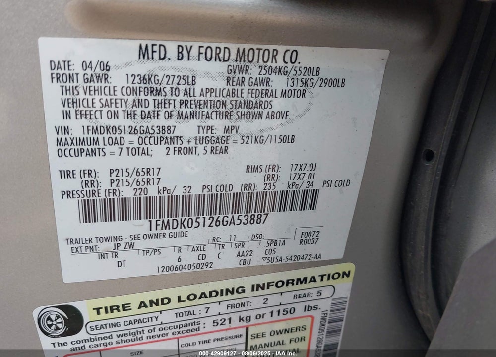 2006 FORD FREESTYLE SEL VIN: 1FMDK05126GA53887