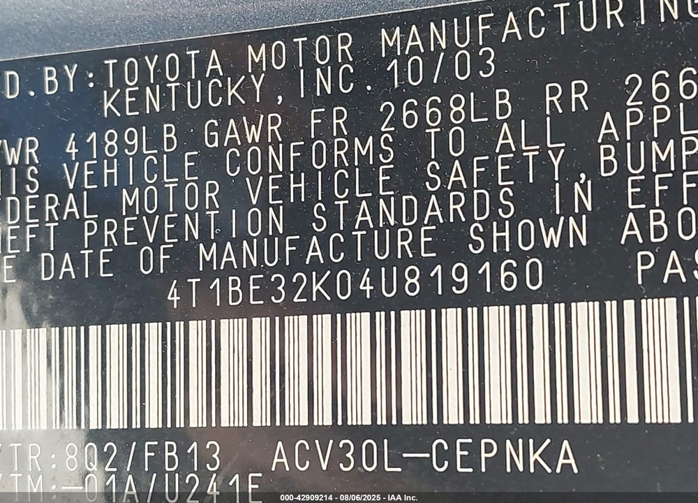 2004 TOYOTA CAMRY LE VIN: 4T1BE32K04U819160