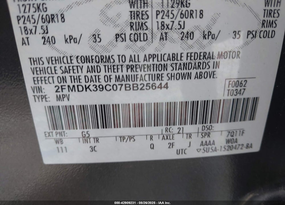 2007 FORD EDGE SEL PLUS VIN: 2FMDK39C07BB25644