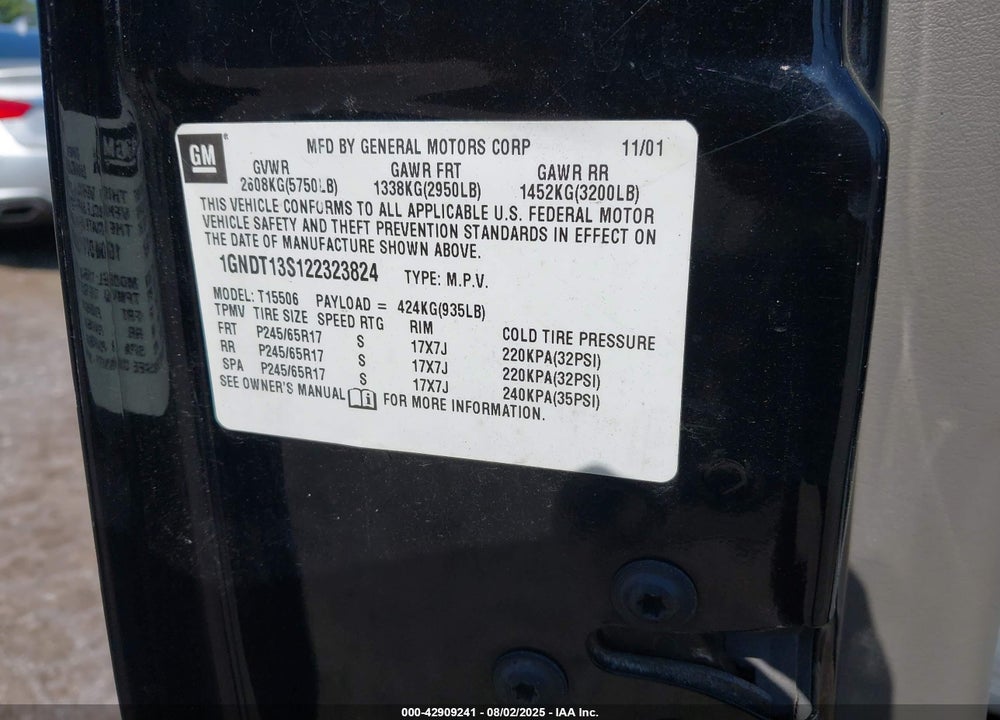 2002 CHEVROLET TRAILBLAZER LTZ VIN: 1GNDT13S122323824