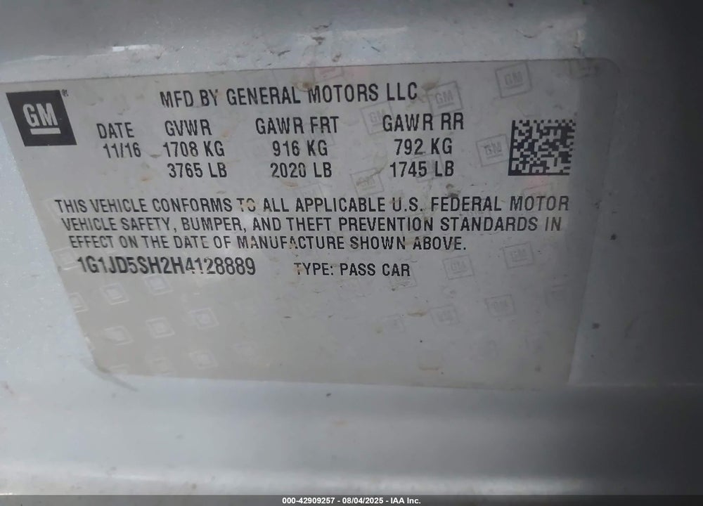 2017 CHEVROLET SONIC VIN: 1G1JD5SH2H4128889