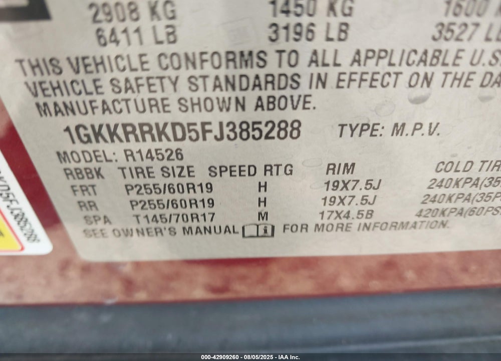 2015 GMC ACADIA VIN: 1GKKRRKD5FJ385288