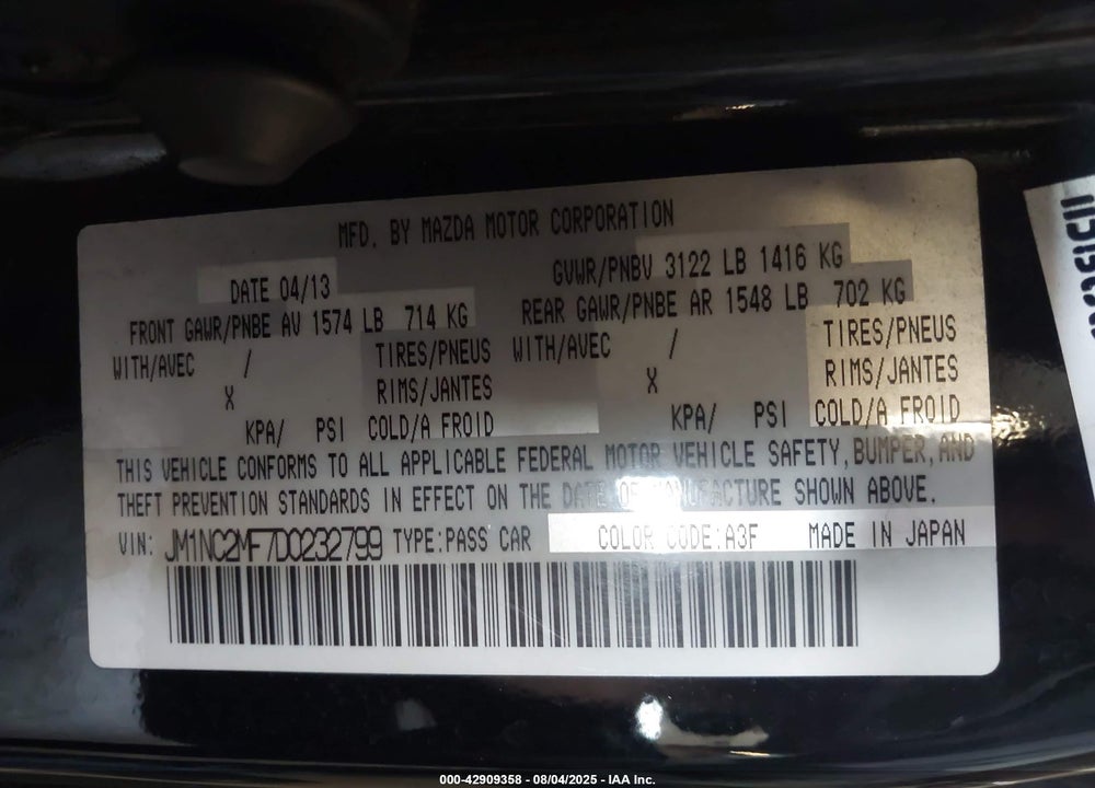 2013 MAZDA MX-5 MIATA VIN: JM1NC2MF7D0232799