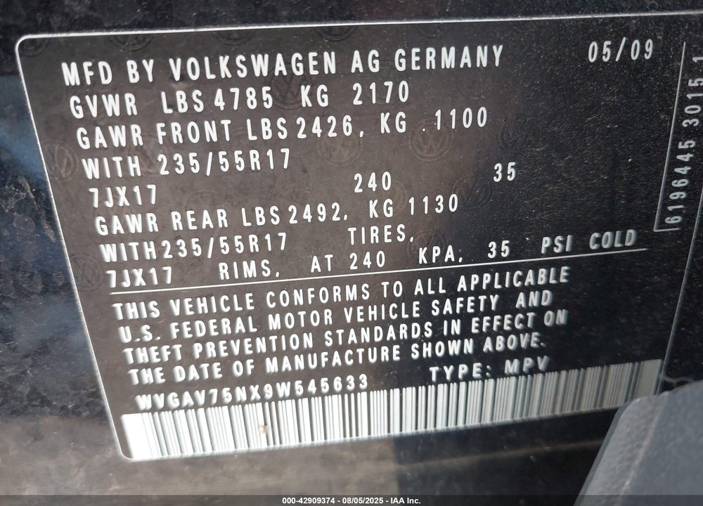 2009 VOLKSWAGEN TIGUAN VIN: WVGAV75NX9W545633