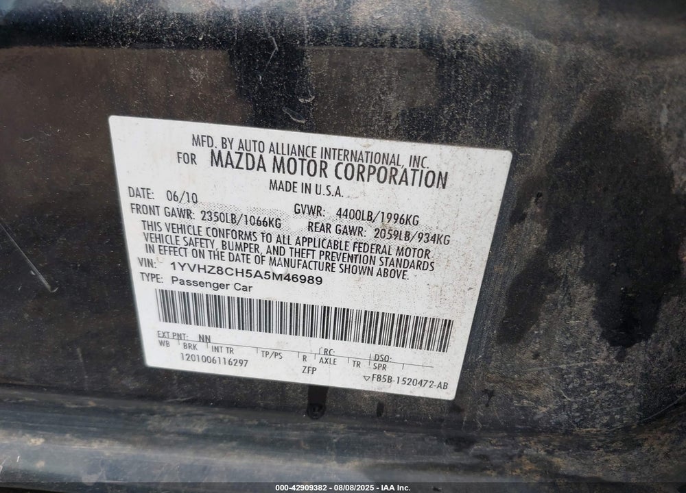 2010 MAZDA 6 VIN: 1YVHZ8CH5A5M46989